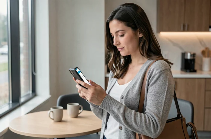 Salariée Auchan accédant au portail HR4YOU via smartphone dans une salle de pause