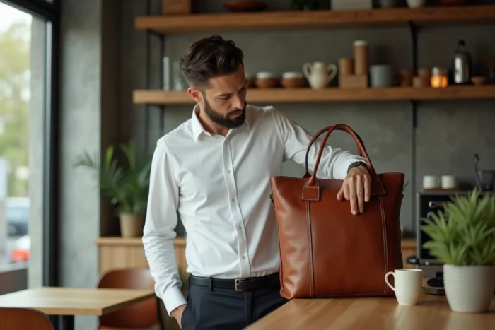 Homme élégant déposant un sac en cuir structuré sur le comptoir d'un café minimaliste, mettant en valeur les accessoires tendance masculins
