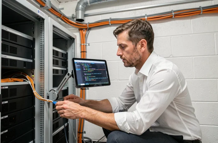 Administrateur informatique câblant un serveur rack tout en consultant des commandes DNS et des résultats de scan de ports TCP sur une tablette