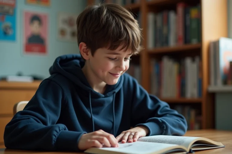 Adolescent lisant un manga assis à son bureau dans sa chambre entourée de volumes de manga