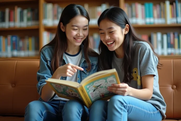 Deux adolescents discutant d'un manga assis côte à côte dans une bibliothèque scolaire