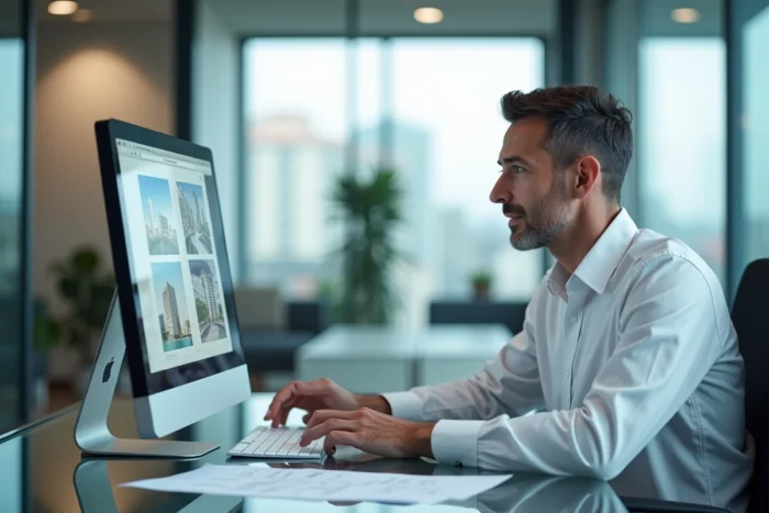 Agent immobilier analysant des annonces sur un ordinateur dans une agence moderne