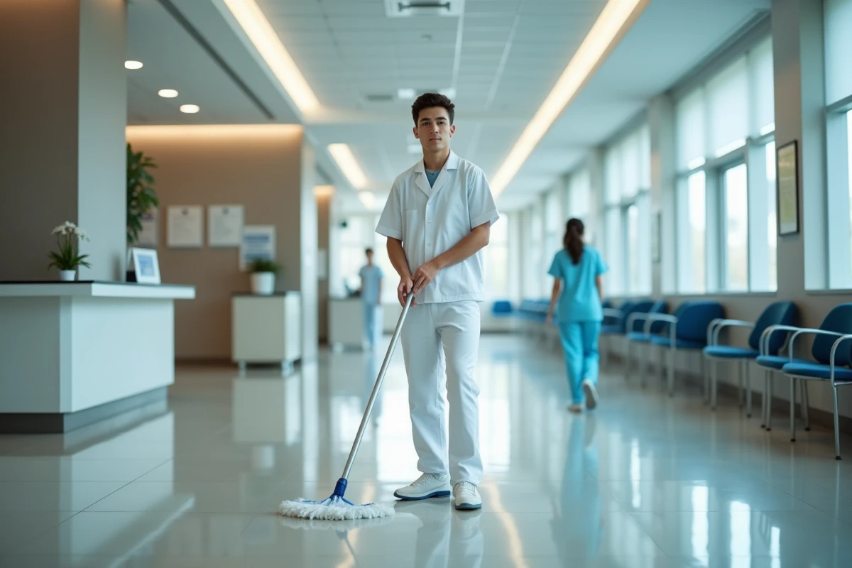 Aide-soignant nettoyant le sol dans le hall d