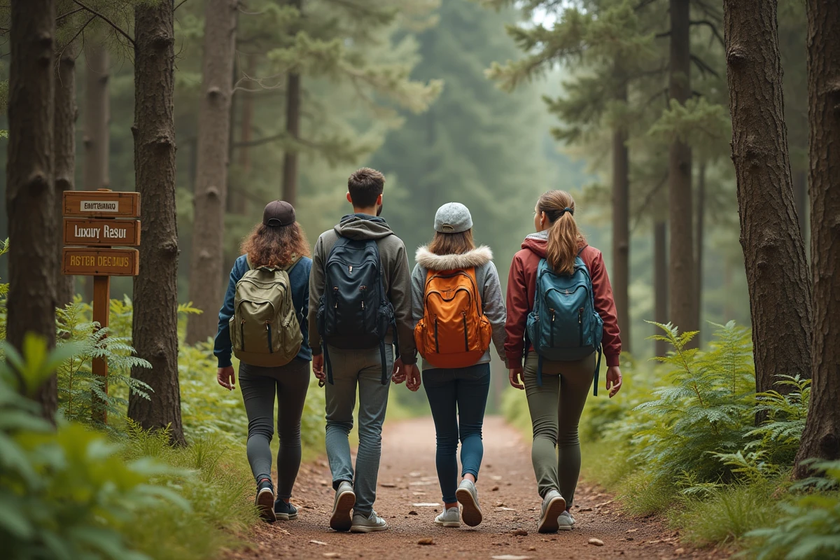Groupe d amis en randonnée dans la forêt