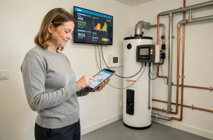 Femme analysant les données de rendement d'un système solaire thermique en hiver sur une tablette dans une chaufferie moderne