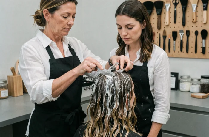 Coiffeuse professionnelle appliquant un soin bouclant sans ammoniaque sur les cheveux d'une cliente en salon