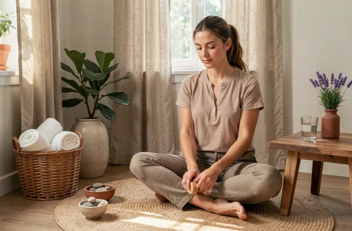 Femme pratiquant un auto-massage des pieds avec un rouleau en bois dans un coin bien-être cosy à la maison