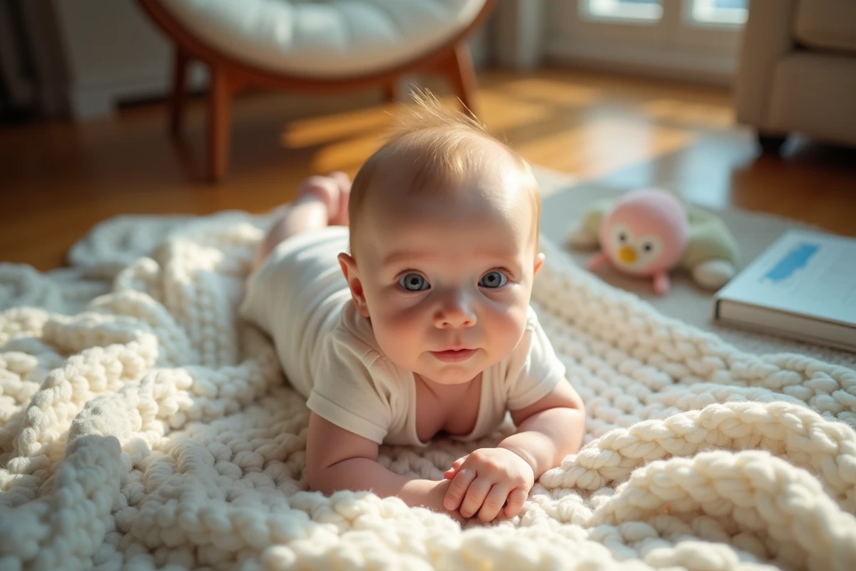 Bébé endormi sur une couverture en tricot dans un coin de salon chaleureux