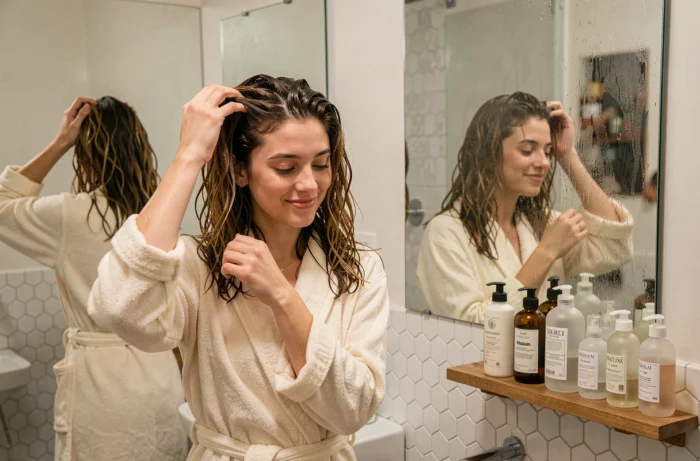 Jeune femme admirant ses boucles naturelles définies sans ammoniaque devant le miroir de sa salle de bain