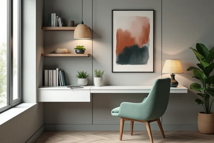 Bureau moderne à domicile avec bureau flottant blanc, chaise ergonomique vert sauge et étagères décoratives en bois