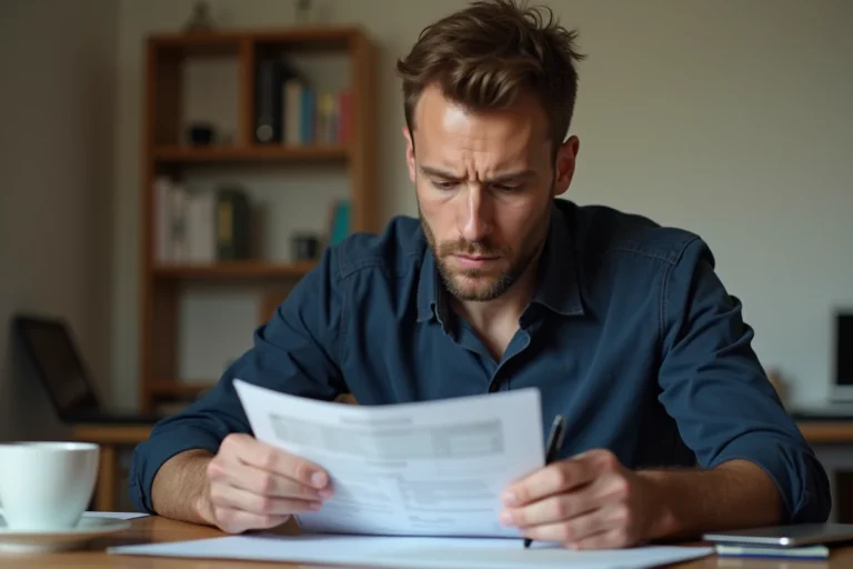 Homme consultant un document officiel sur le calcul de son taux de points de permis de conduire à son bureau à domicile