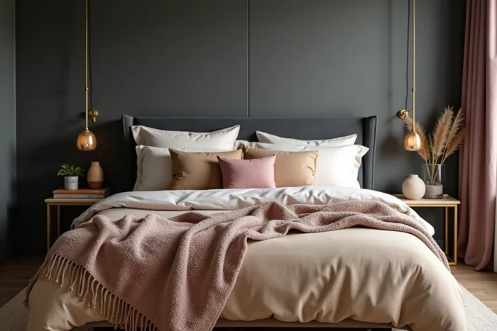 Chambre moderne avec tête de lit en bouclé anthracite, literie en lin sable et mur en plâtre ardoise texturé