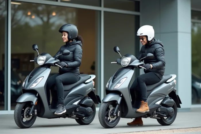 Deux personnes de petit gabarit comparant des maxi scooters devant une concession moto