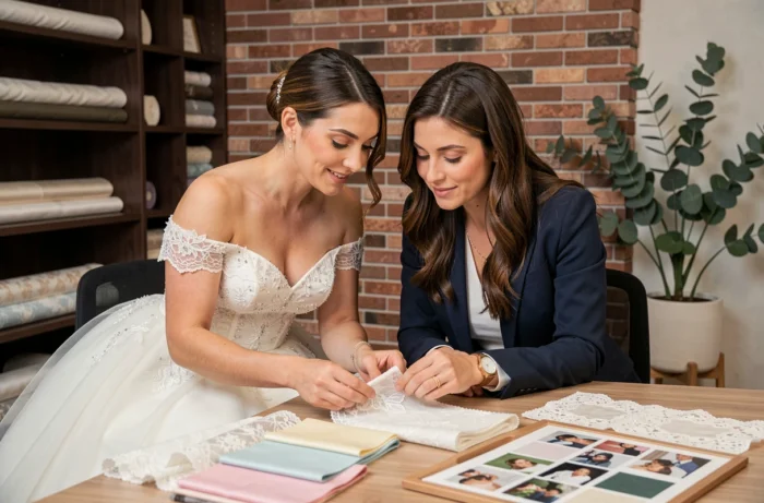 Mariée et consultante en robe de mariée à jupe en tulle examinant des échantillons de tissu lors d'une séance de conseil personnalisée en atelier