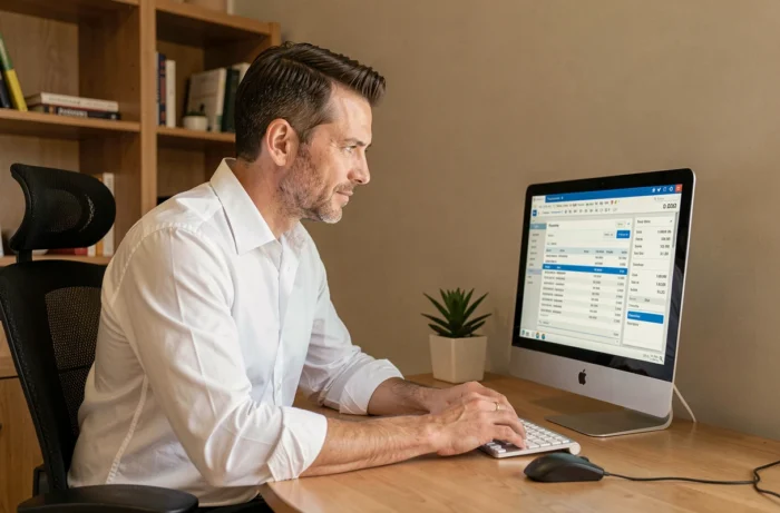 Homme consultant sa fiche de paie en ligne sur ordinateur depuis son bureau à domicile