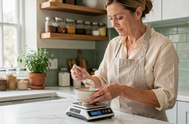 Femme convertissant des grammes en cuisine avec une balance numérique posée sur un plan de travail en marbre blanc