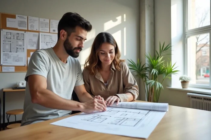 Couple étudiant des plans immobiliers dans une agence moderne avec des annonces de propriétés au mur