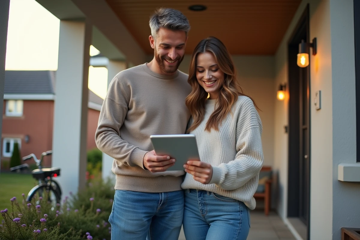 Jeune couple souriant sur leur porche avec tablette d