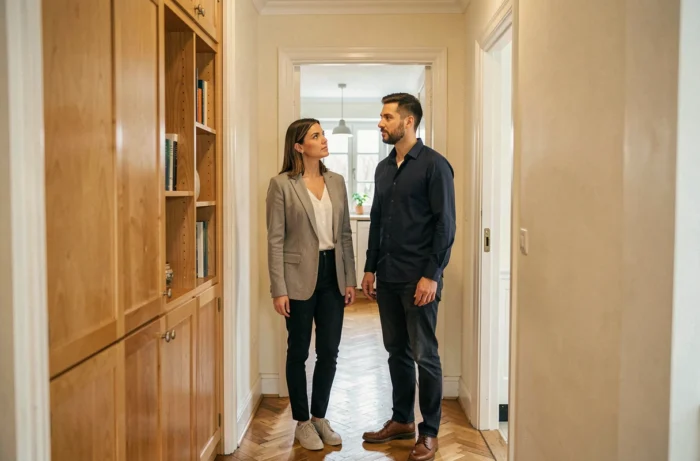 Couple visitant un appartement à louer et inspectant les espaces de rangement lors d'une visite immobilière