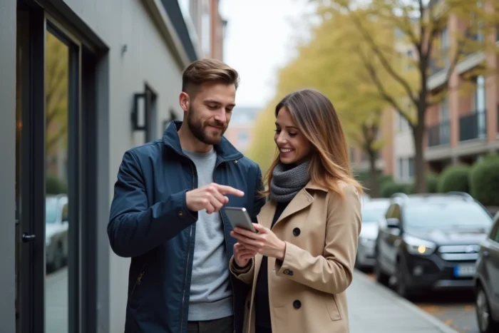 Couple consultant une application immobilière devant un immeuble résidentiel moderne en ville
