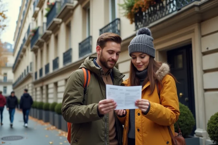 Couple visitant un immeuble résidentiel lors d'une recherche de logement en location dans une rue parisienne
