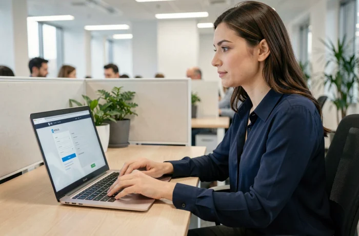 Employée Auchan consultant son portail RH HR4YOU sur un ordinateur portable en open space