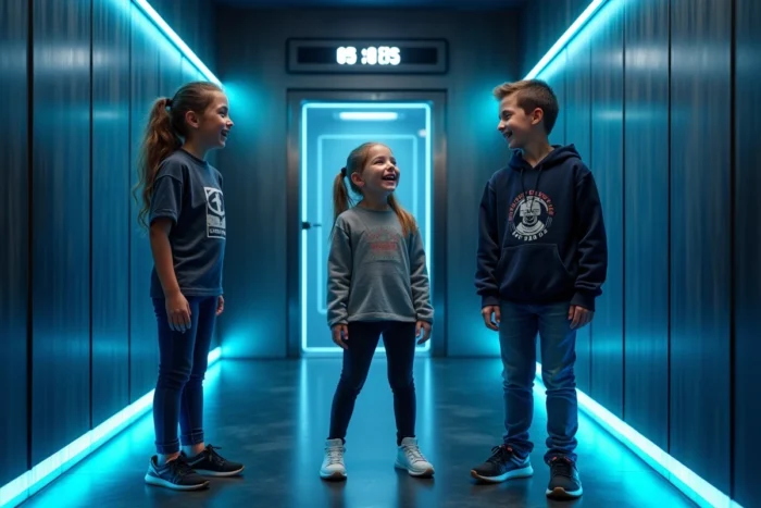 Trois enfants découvrant une porte secrète dans un escape game futuriste à Toulouse