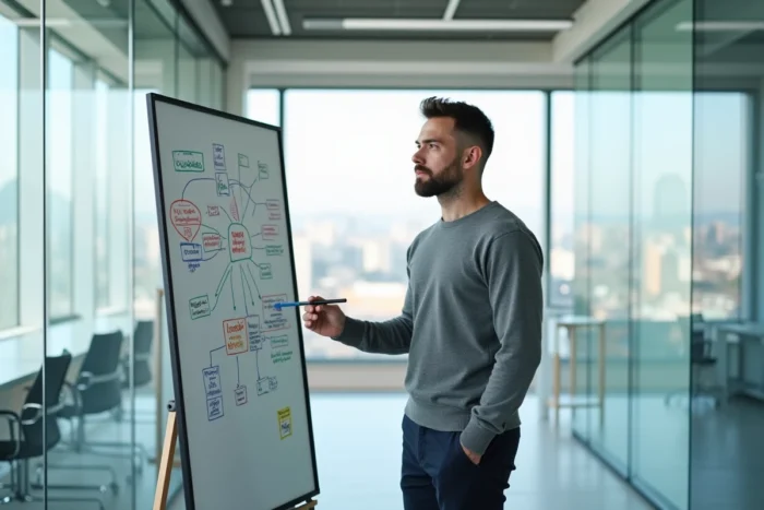 Entrepreneur debout devant un tableau blanc rempli de schémas d'innovation dans une salle de réunion de startup moderne