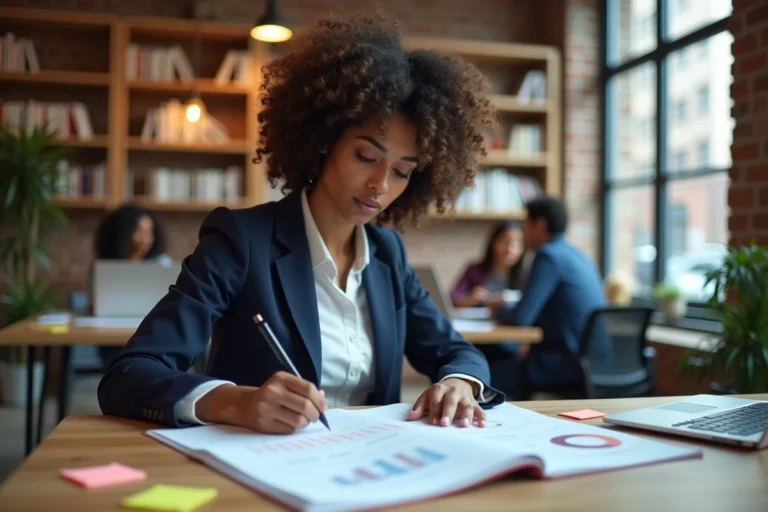 Entrepreneure travaillant sur un plan d'affaires dans un espace de co-working moderne avec ordinateur portable et notes manuscrites