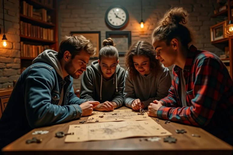 Famille jouant à un escape game à Toulouse dans une salle décorée de livres anciens et d'énigmes