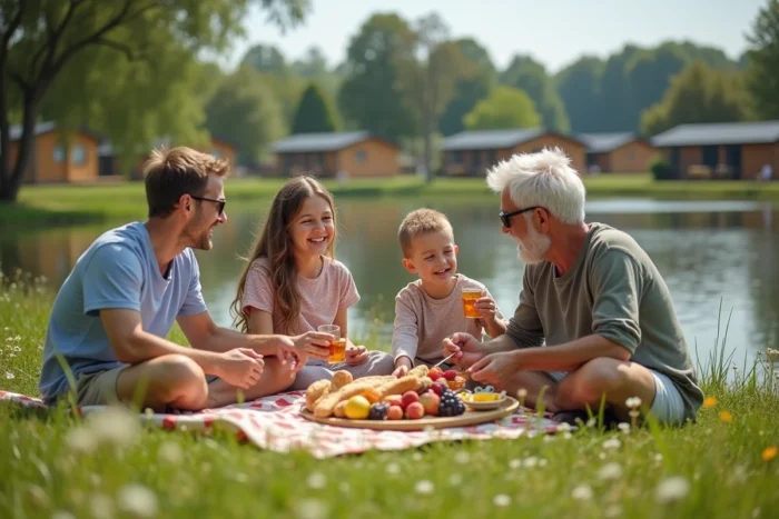Famille multigenerational en pique-nique au bord du lac