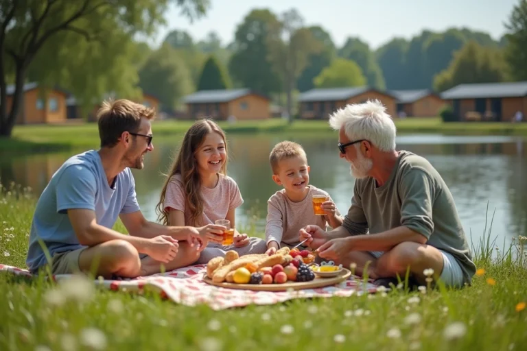 Famille multigenerational en pique-nique au bord du lac