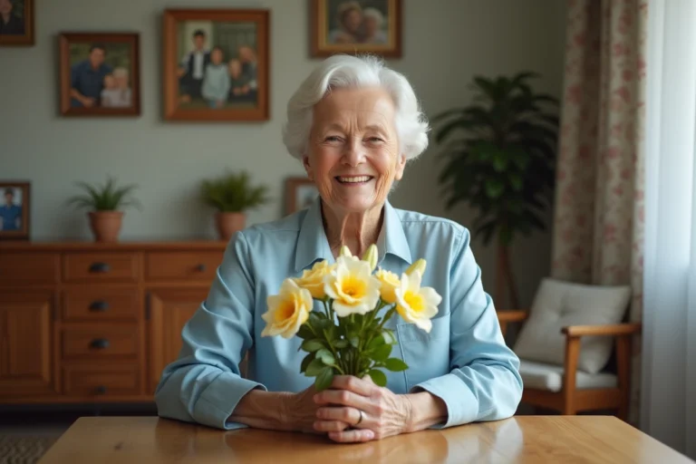 Femme souriante de 70 ans avec bouquet de roses et lys