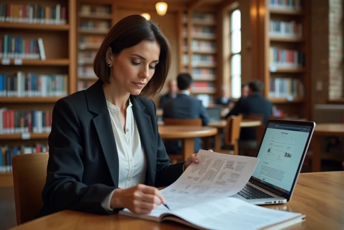 Femme en blazer dans une bibliothèque comparant un sitemap imprimé et un site d'offres d'emploi sur ordinateur portable