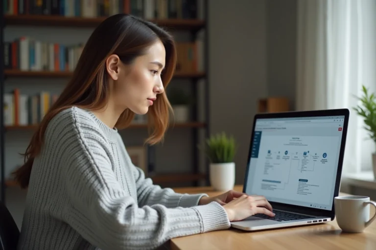 Femme consultant une page sitemap sur un ordinateur portable pour faciliter sa recherche d'emploi en ligne depuis un bureau à domicile