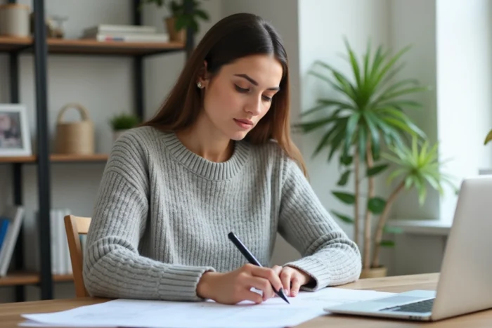Femme consultant des documents d'assurance à son bureau pour demander un relevé d'information