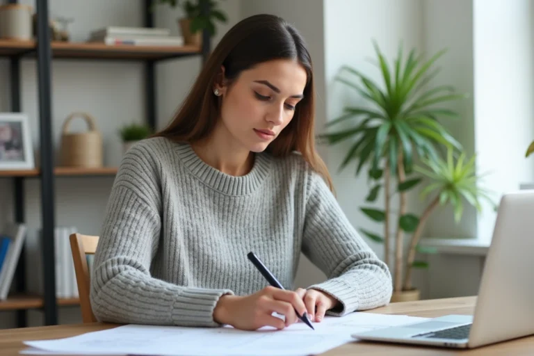 Femme consultant des documents d'assurance à son bureau pour demander un relevé d'information