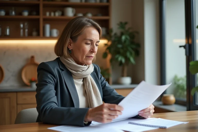 Femme d'âge moyen en blazer examine documents d'assurance