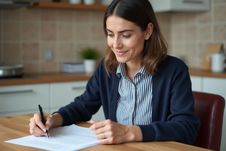 Femme lisant une lettre dans une cuisine moderne