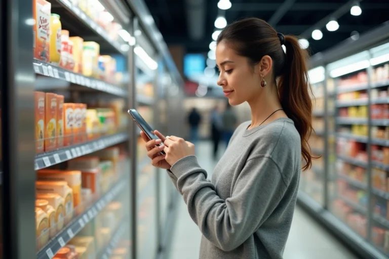 Femme utilisant l'application Roamler sur son smartphone dans un supermarché pour effectuer une mission rémunérée