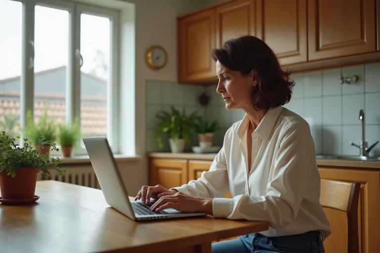 Femme d'âge moyen utilisant un ordinateur pour démarches administratives