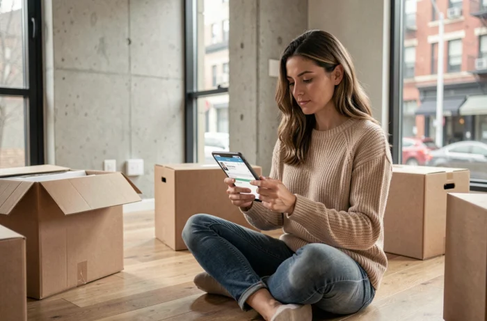 Femme cherchant un appartement à louer sur une tablette entourée de cartons dans un appartement vide