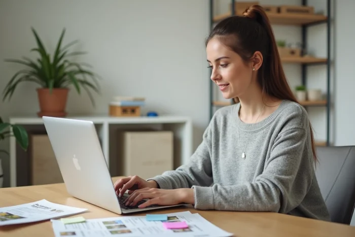Femme recherchant un bien immobilier sur une plateforme en ligne depuis son bureau à domicile