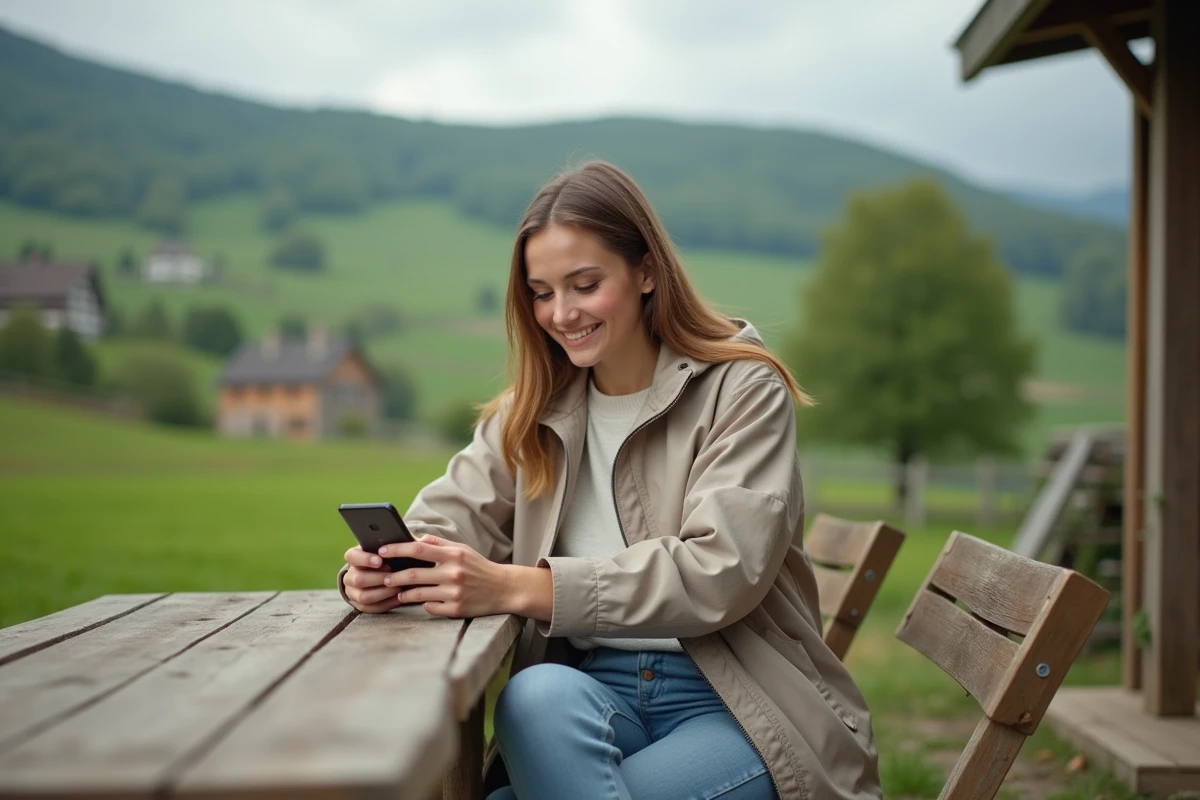Femme dans la campagne utilisant son smartphone