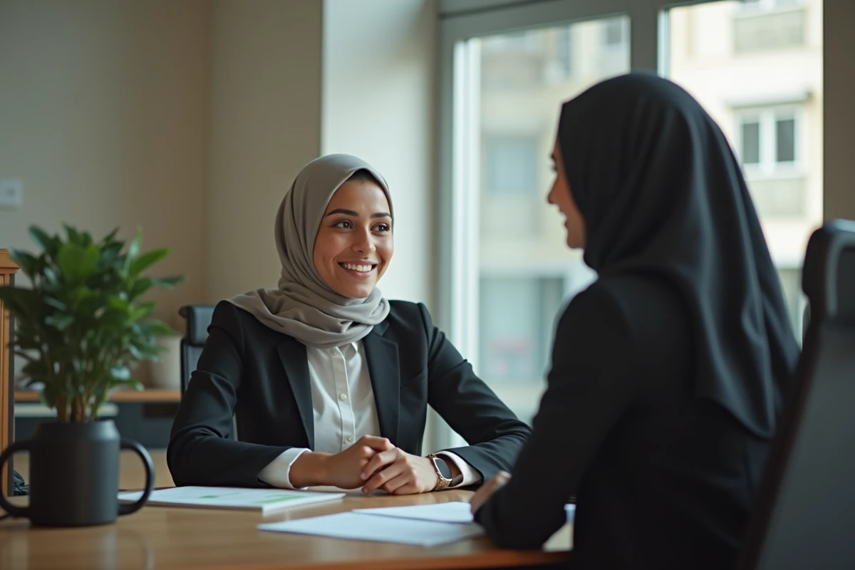 Jeune femme algérienne discutant avec un agent au bureau