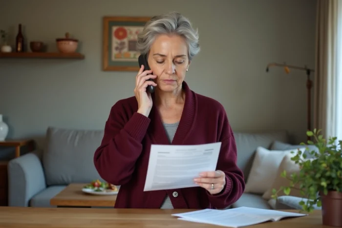 Femme au téléphone avec son assureur tenant un document de relevé d'information auto à la main