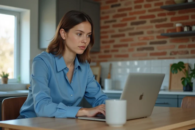 Jeune femme au travail à domicile avec ordinateur dans un appartement lumineux