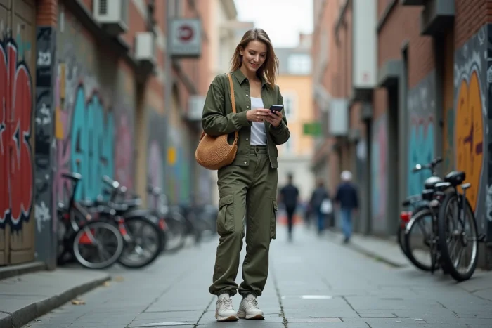 Femme urbaine en cargo et bomber souriante