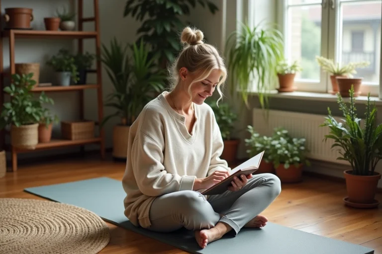 Femme méditant et écrivant dans un intérieur cosy