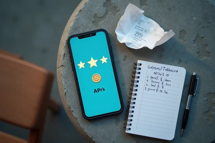 Vue en plongée d'un smartphone affichant une récompense Roamler avec un carnet de calcul de gains et un reçu